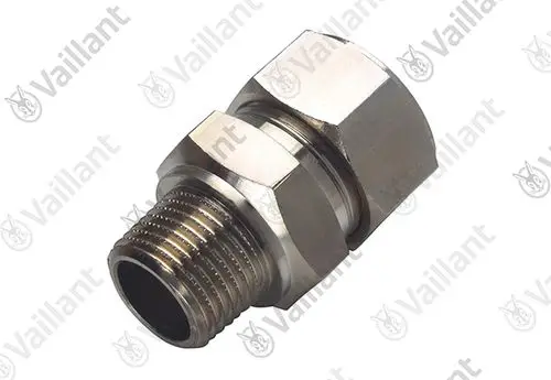 Vaillant Quetschverschraubung mit Gewinde, für Rohrverbindungen, aus Metall gefertigt, zeigt eine zylindrische Form mit einer geriffelten und glatten Oberfläche.